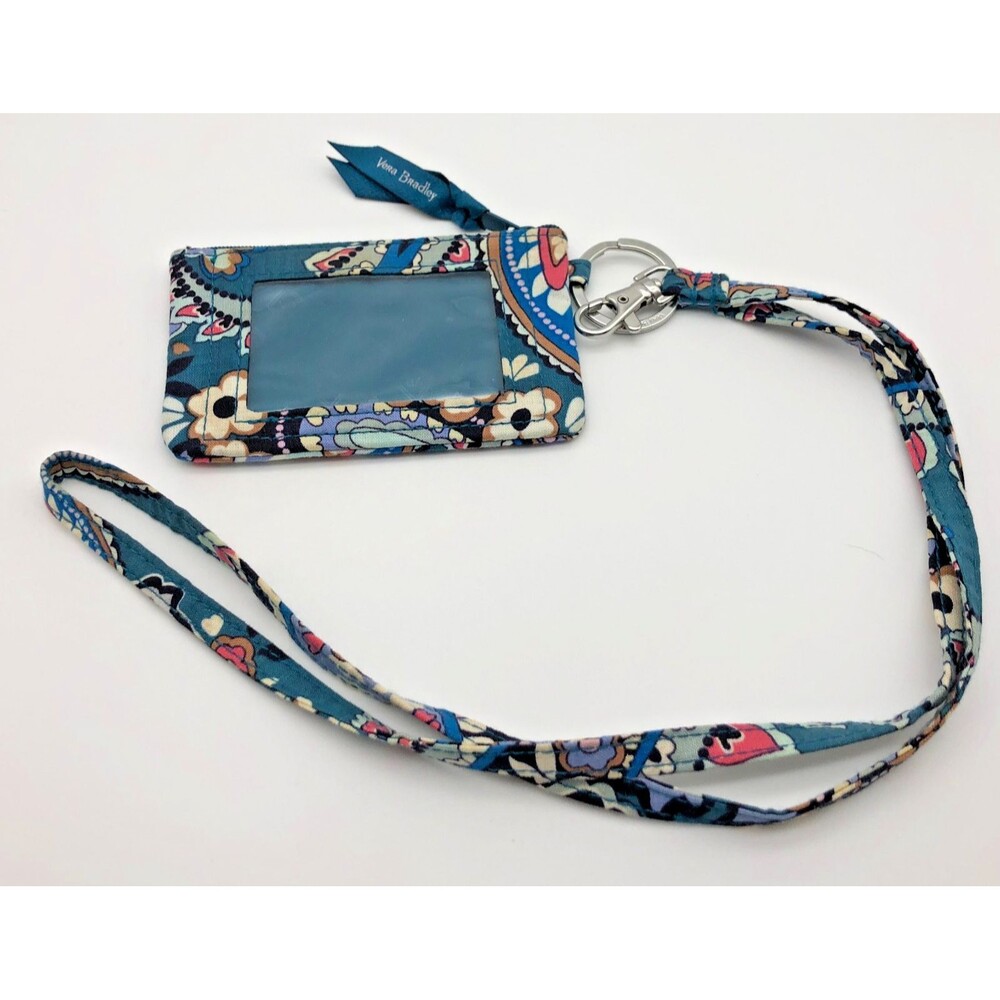 Vera Bradley Haymarket Paisley ID Wallet Keychain Blue Ring Zip Lanyard Strap